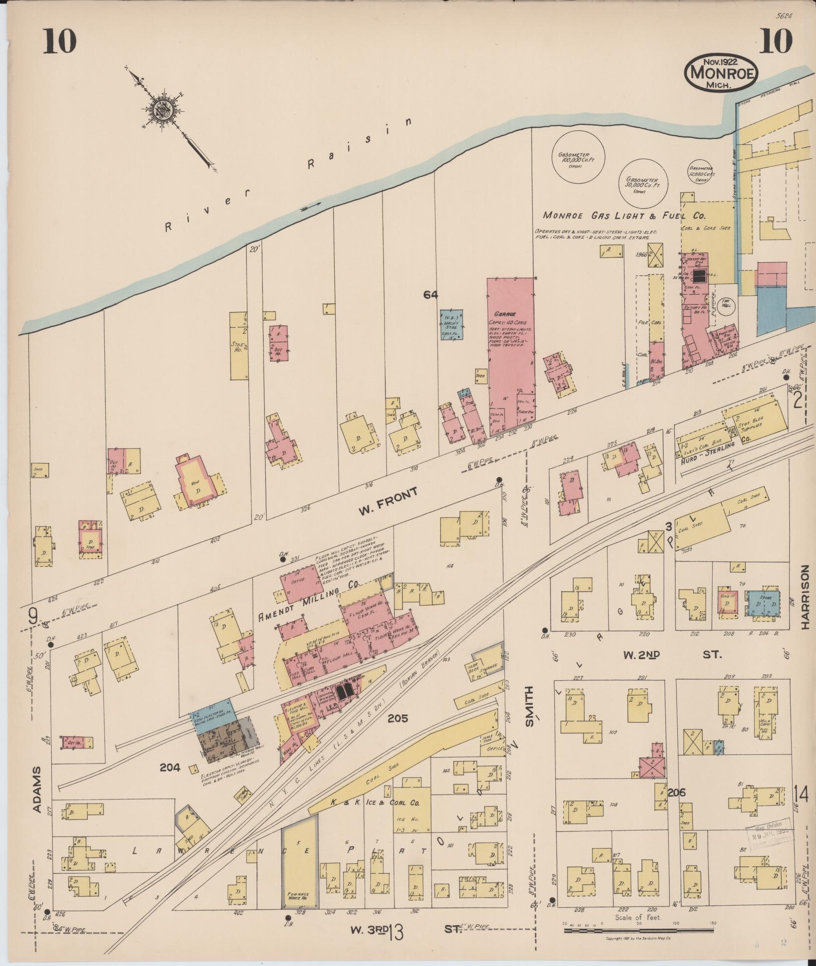 Sanborn Fire Insurance Map from Monroe, Monroe County, Michigan (1922), Sheet #0010 - Historic Sanborn Fire Insurance Map Print, vintage old map wall art, antique decor, genealogy gift, Michigan Michigan map