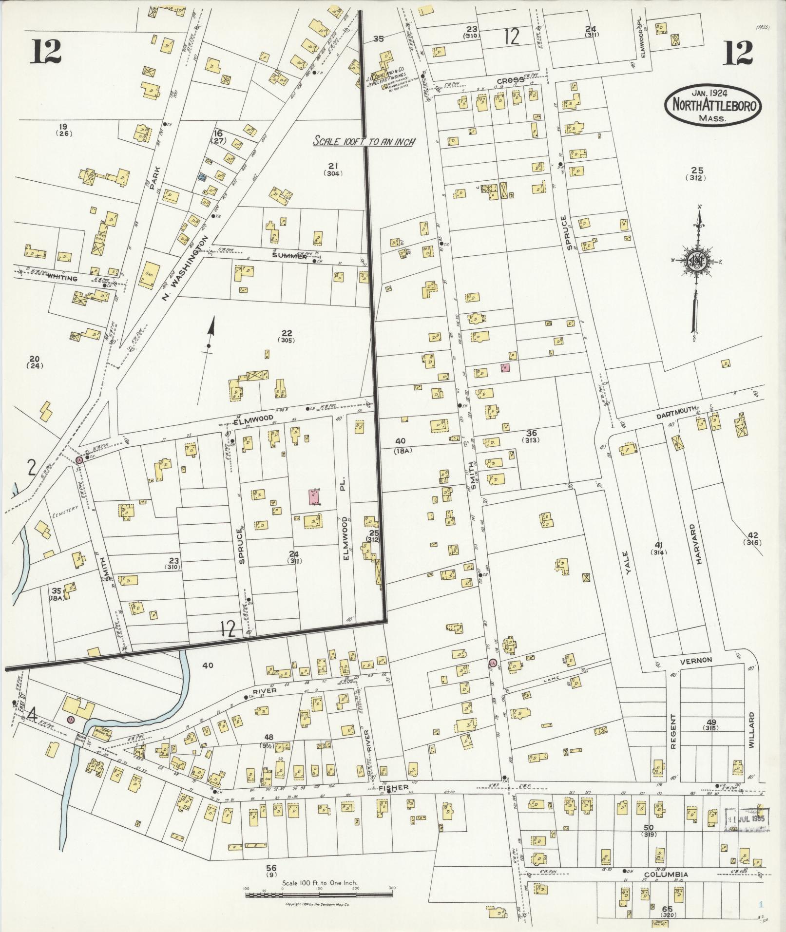 Sanborn Fire Insurance Map from North Attleborough, Bristol County, Massachusetts (1924), Sheet #0012 - Historic Sanborn Fire Insurance Map Print, vintage old map wall art, antique decor, genealogy gift, Massachusetts Massachusetts map