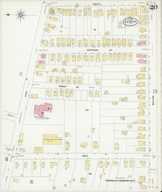 Sanborn Fire Insurance Map from Geneva, Ontario County, New York (1909), Sheet #0020 - Historic Sanborn Fire Insurance Map Print, vintage old map wall art, antique decor, genealogy gift, New York New York map