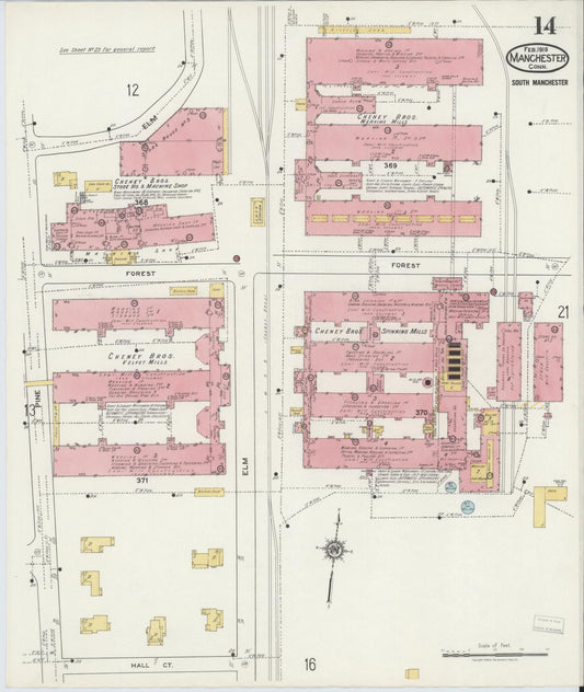 Sanborn Fire Insurance Map from Manchester, Hartford County, Connecticut (1919), Sheet #0014 - Historic Sanborn Fire Insurance Map Print, vintage old map wall art, antique decor, genealogy gift, Connecticut Connecticut map
