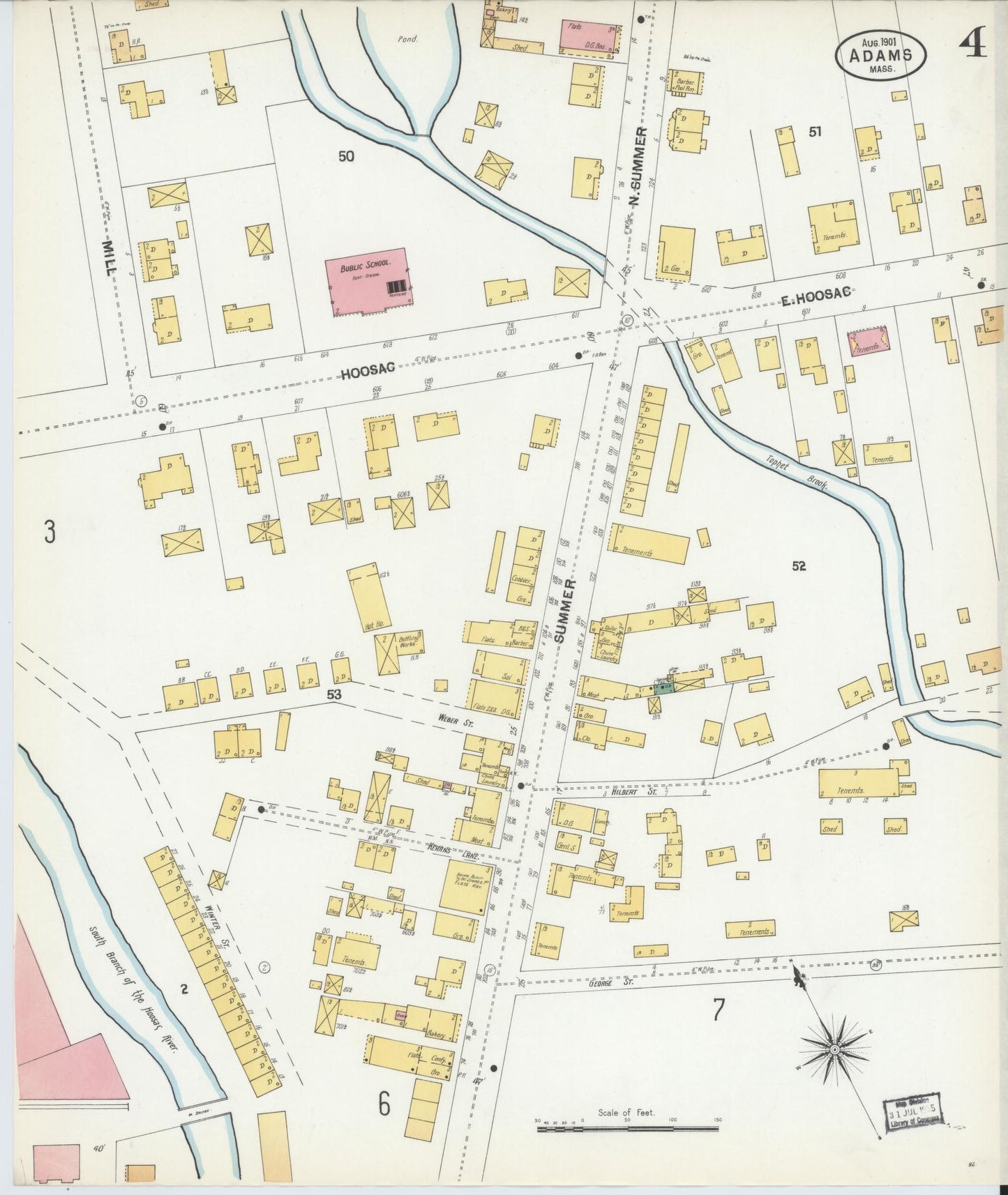 Sanborn Fire Insurance Map from Adams, Berkshire County, Massachusetts (1901), Sheet #0004 - Historic Sanborn Fire Insurance Map Print, vintage old map wall art, antique decor, genealogy gift, Massachusetts Massachusetts map