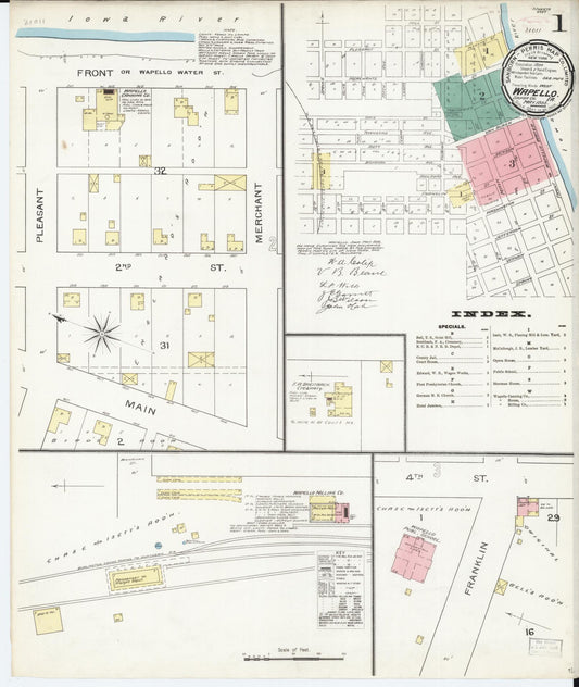 Sanborn Fire Insurance Map from Wapello, Louisa County, Iowa (1893), Sheet #0001 - Historic Sanborn Fire Insurance Map Print, vintage old map wall art