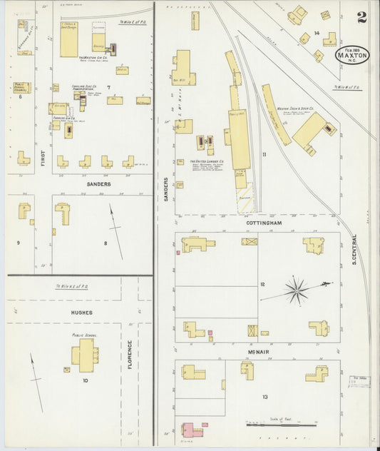 Sanborn Fire Insurance Map from Maxton, Robeson County, North Carolina (1905), Sheet #0002 - Historic Sanborn Fire Insurance Map Print, vintage old map wall art, antique decor, genealogy gift, North Carolina North Carolina map