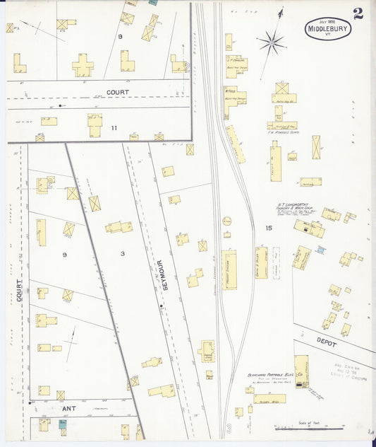 Sanborn Fire Insurance Map from Middlebury, Addison County, Vermont (1892), Sheet #0002 - Historic Sanborn Fire Insurance Map Print, vintage old map wall art, antique decor, genealogy gift, Vermont Vermont map