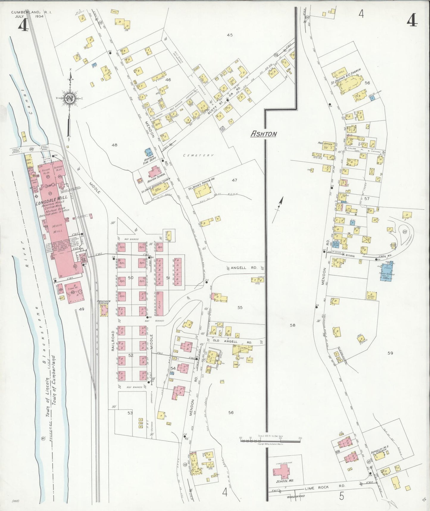 Sanborn Fire Insurance Map from Cumberland, Providence County, Rhode Island (1934), Sheet #0004 - Historic Sanborn Fire Insurance Map Print, vintage old map wall art, antique decor, genealogy gift, Rhode Island Rhode Island map
