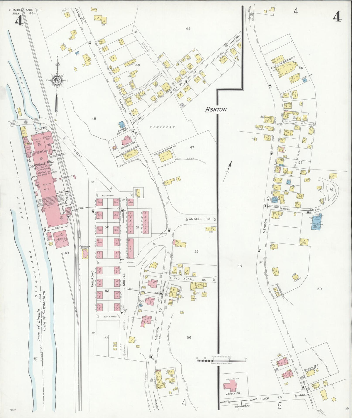 Sanborn Fire Insurance Map from Cumberland, Providence County, Rhode Island (1934), Sheet #0004 - Historic Sanborn Fire Insurance Map Print, vintage old map wall art, antique decor, genealogy gift, Rhode Island Rhode Island map