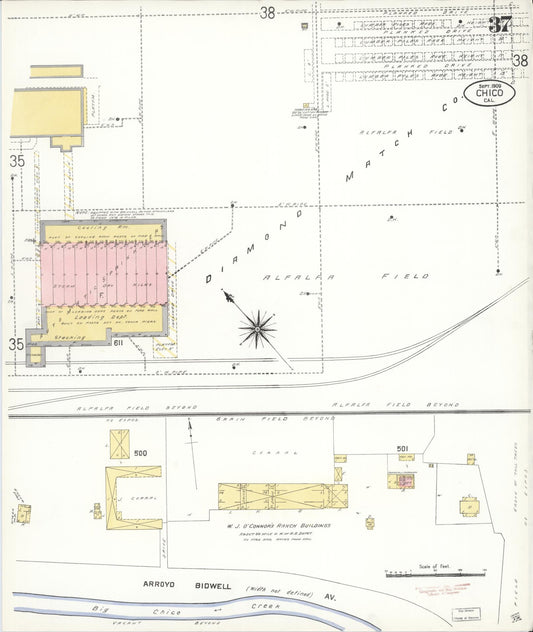 Sanborn Fire Insurance Map from Chico, Butte County, California (1909), Sheet #0037 - Historic Sanborn Fire Insurance Map Print, vintage old map wall art, antique decor, genealogy gift, California California map