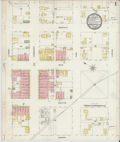 Sanborn Fire Insurance Map from Jacksonville, Cherokee County, Texas (1896), Sheet #0001 - Complete Map Set gallery image, historic Sanborn map, vintage wall art, Texas Texas