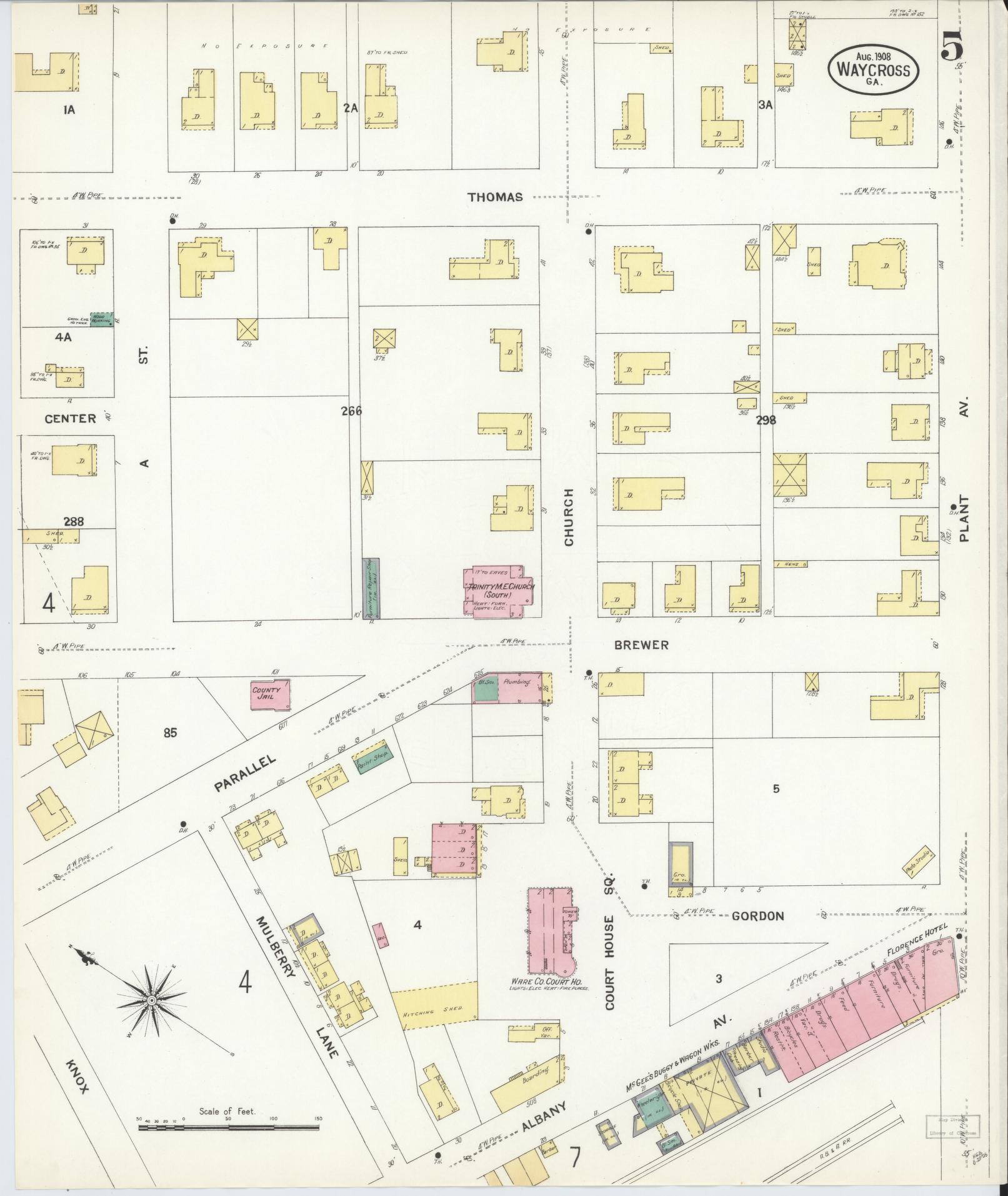 Sanborn Fire Insurance Map from Waycross, Ware County, Georgia (1908), Sheet #0005 - Complete Map Set gallery image, historic Sanborn map, vintage wall art, Georgia Georgia