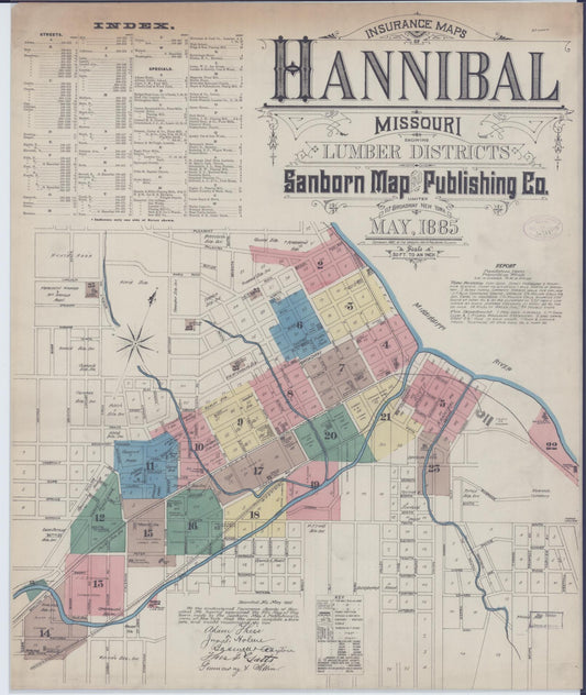 Sanborn Fire Insurance Map from Hannibal, Marion County, Missouri (1885), Sheet #0001 - Historic Sanborn Fire Insurance Map Print, vintage old map wall art, antique decor, genealogy gift, Missouri Missouri map