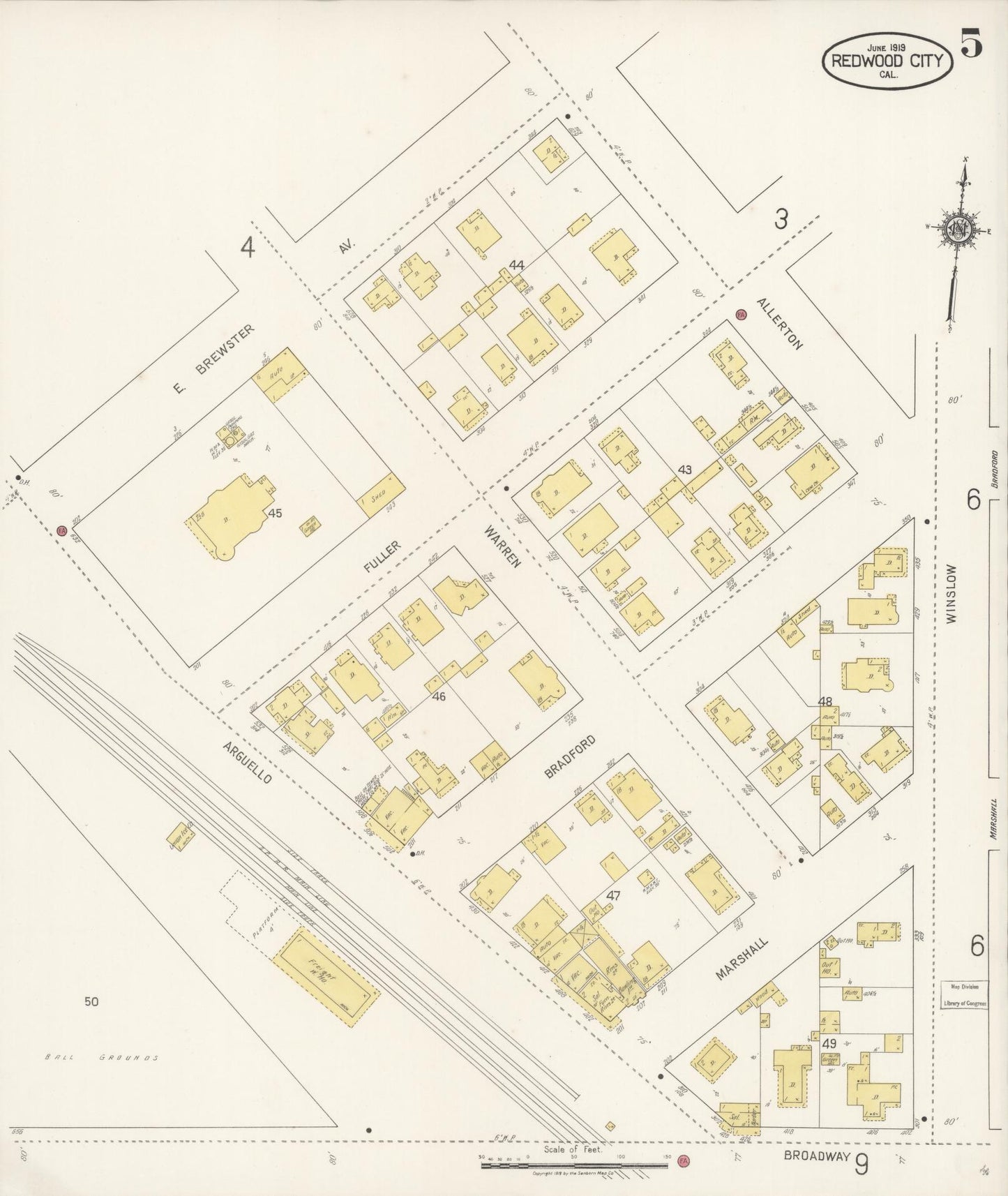Sanborn Fire Insurance Map from Redwood City, San Mateo County, California (1919), Sheet #0005 - Complete Map Set gallery image, historic Sanborn map, vintage wall art, California California