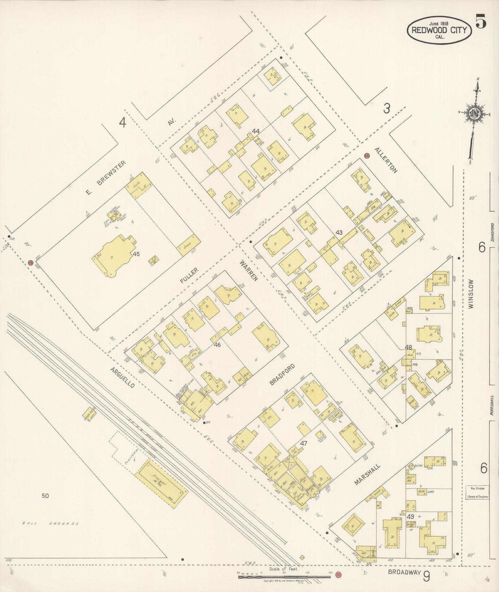 Sanborn Fire Insurance Map from Redwood City, San Mateo County, California (1919), Sheet #0005 - Complete Map Set gallery image, historic Sanborn map, vintage wall art, California California