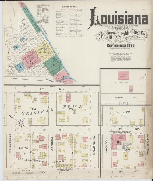 Sanborn Fire Insurance Map from Louisiana, Pike County, Missouri (1885), Sheet #0001 - Historic Sanborn Fire Insurance Map Print, vintage old map wall art, antique decor, genealogy gift, Missouri Missouri map