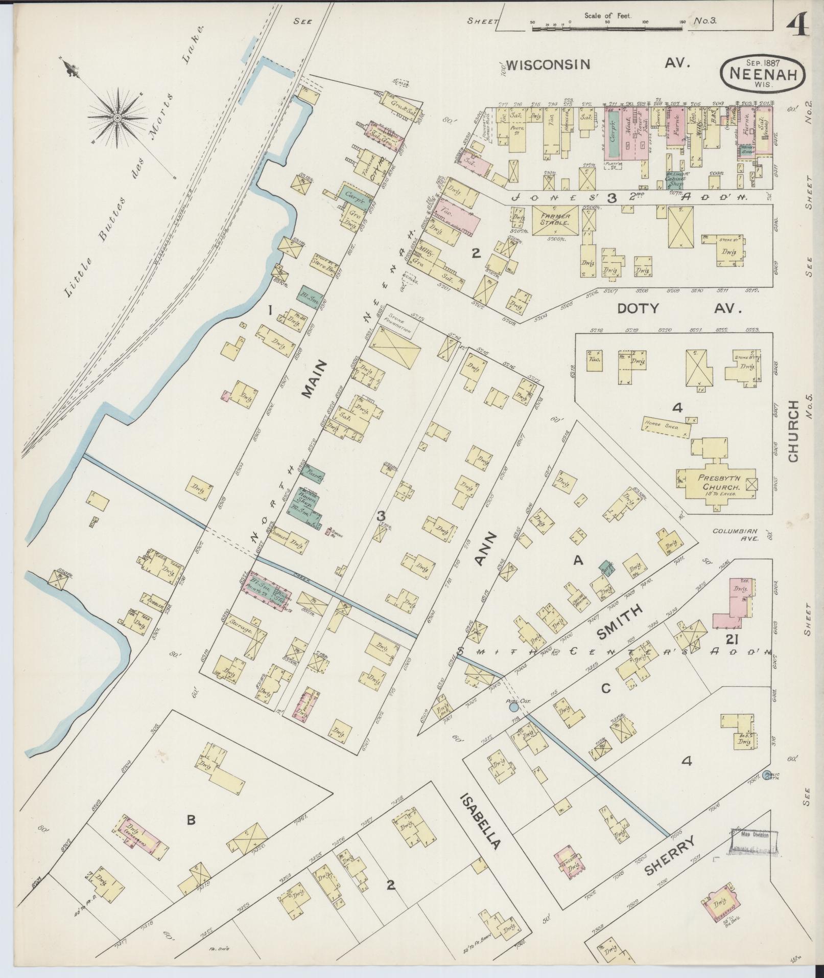 Sanborn Fire Insurance Map from Neenah, Winnebago County, Wisconsin (1887), Sheet #0004 - Complete Map Set gallery image, historic Sanborn map, vintage wall art, Wisconsin Wisconsin