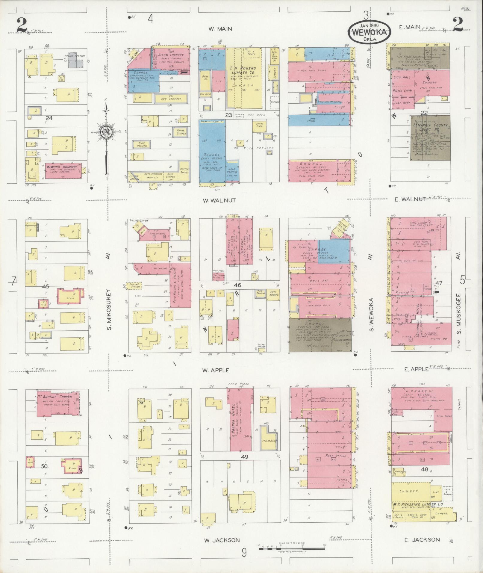 Sanborn Fire Insurance Map from Wewoka, Seminole County, Oklahoma (1930), Sheet #0002 - Complete Map Set gallery image, historic Sanborn map, vintage wall art, Oklahoma Oklahoma