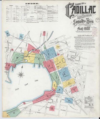Sanborn Fire Insurance Map from Cadillac, Wexford County, Michigan (1900), Sheet #0001 - Complete Map Set gallery image, historic Sanborn map, vintage wall art, Michigan Michigan