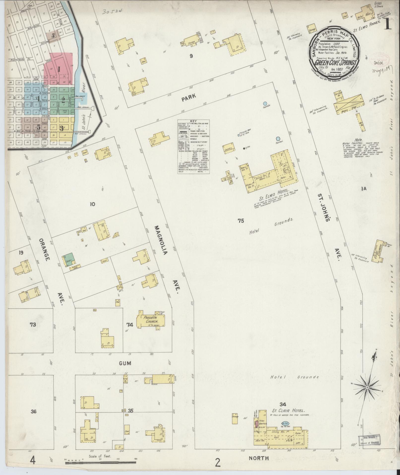 Sanborn Fire Insurance Map from Green Cove Springs, Clay County, Florida (1897), Sheet #0001 - Complete Map Set gallery image, historic Sanborn map, vintage wall art, Florida Florida