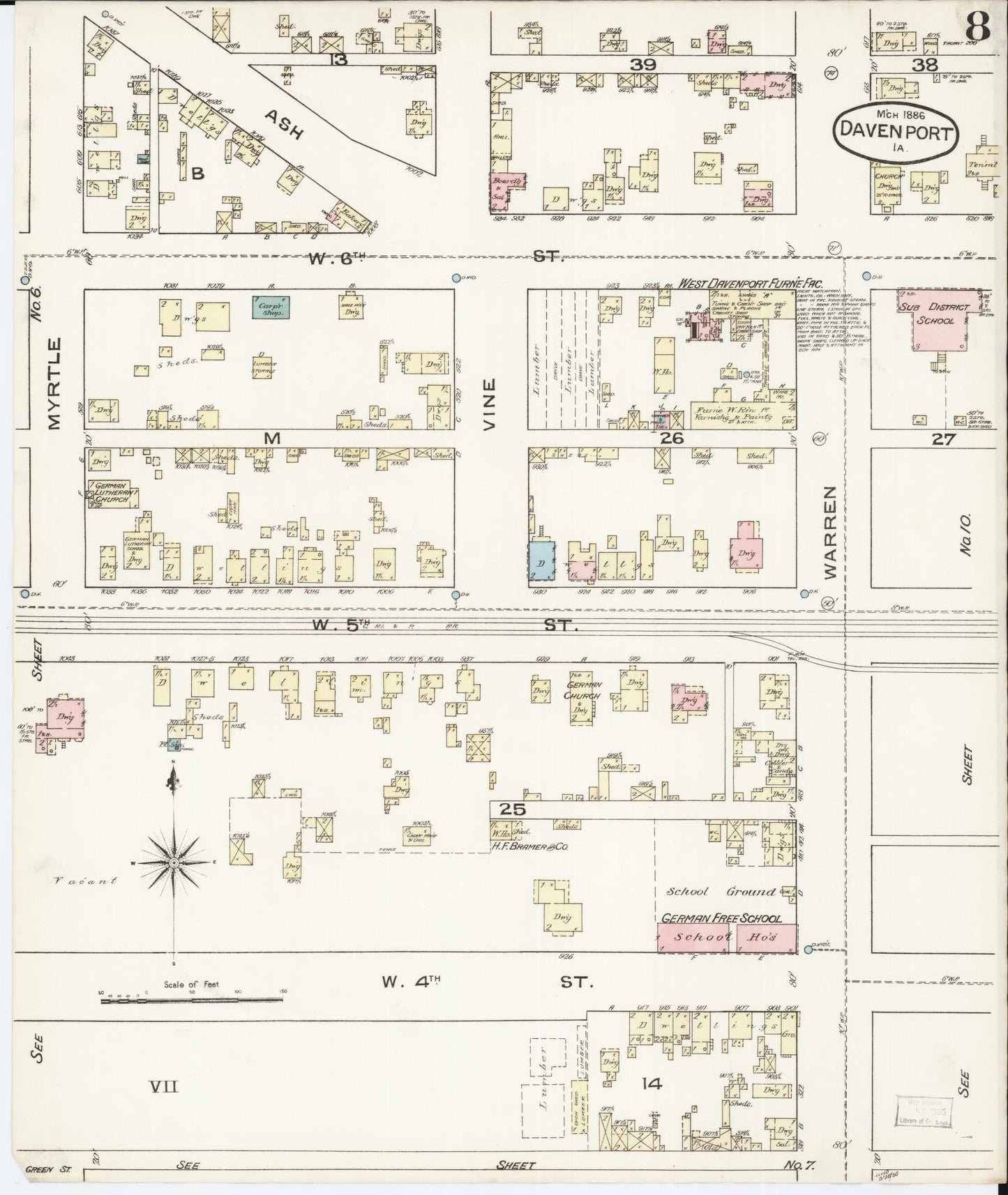 Sanborn Fire Insurance Map from Davenport, Scott County, Iowa (1886), Sheet #0008 - Historic Sanborn Fire Insurance Map Print, vintage old map wall art