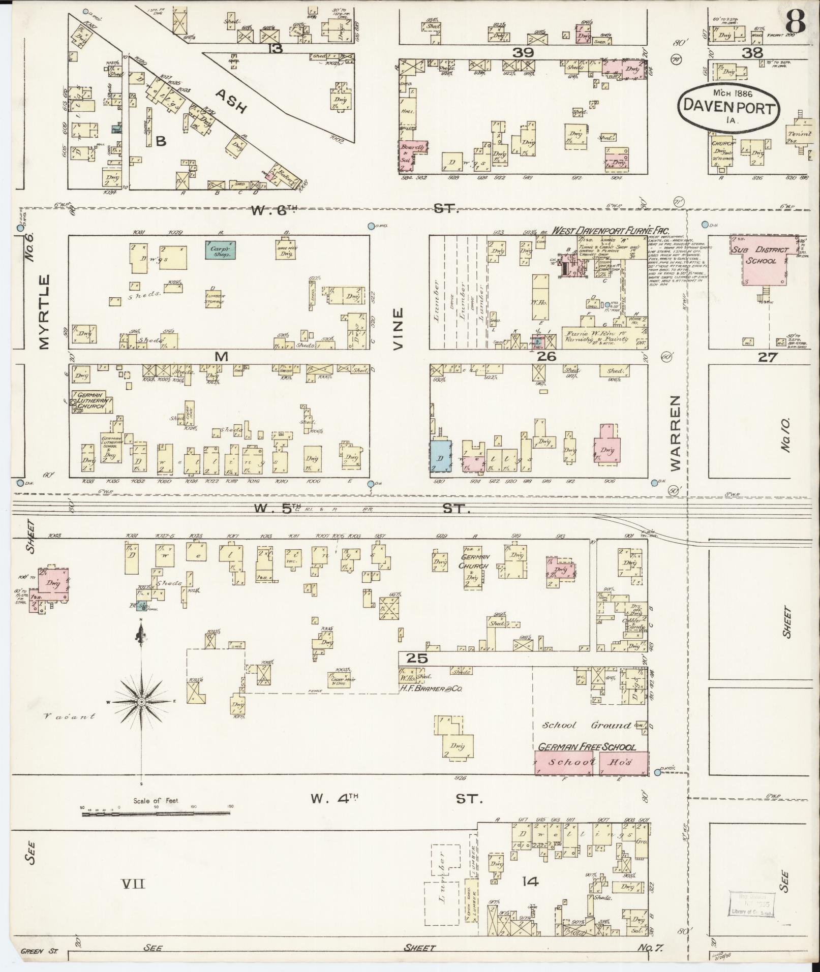 Sanborn Fire Insurance Map from Davenport, Scott County, Iowa (1886), Sheet #0008 - Historic Sanborn Fire Insurance Map Print, vintage old map wall art