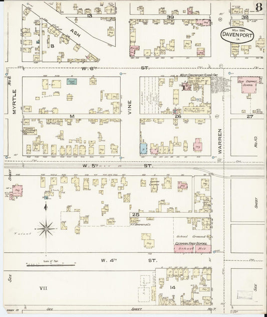 Sanborn Fire Insurance Map from Davenport, Scott County, Iowa (1886), Sheet #0008 - Historic Sanborn Fire Insurance Map Print, vintage old map wall art