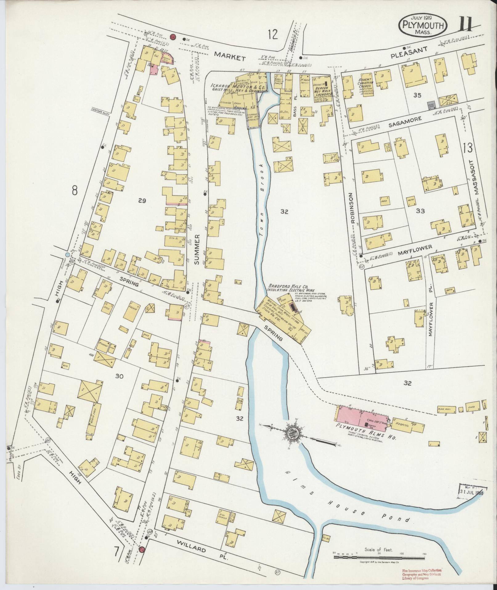 Sanborn Fire Insurance Map from Plymouth, Plymouth County, Massachusetts (1919), Sheet #0011 - Historic Sanborn Fire Insurance Map Print, vintage old map wall art, antique decor, genealogy gift, Massachusetts Massachusetts map