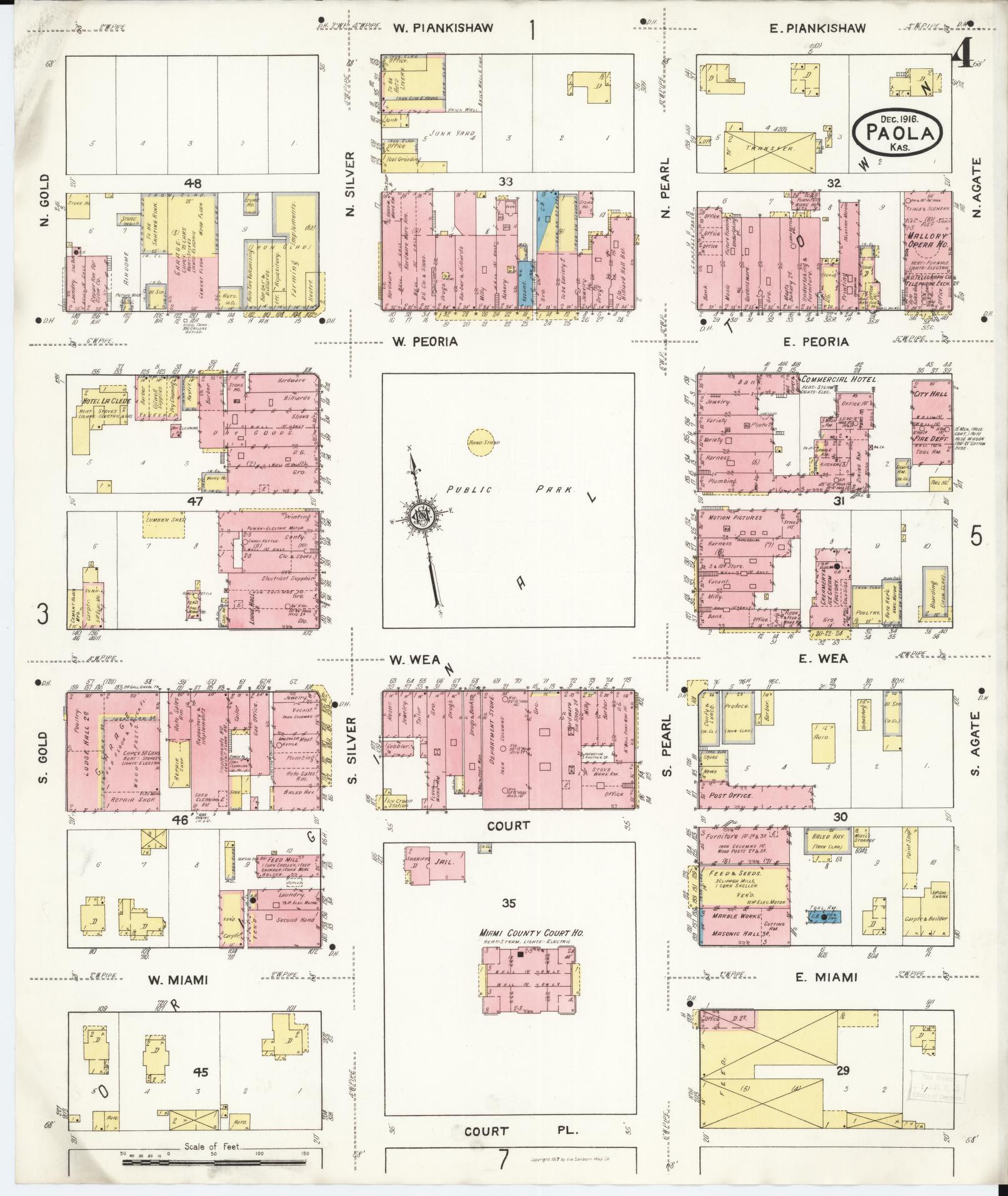 Sanborn Fire Insurance Map from Paola, Miami County, Kansas (1916), Sheet #0004 - Historic Sanborn Fire Insurance Map Print, vintage old map wall art, antique decor, genealogy gift, Kansas Kansas map