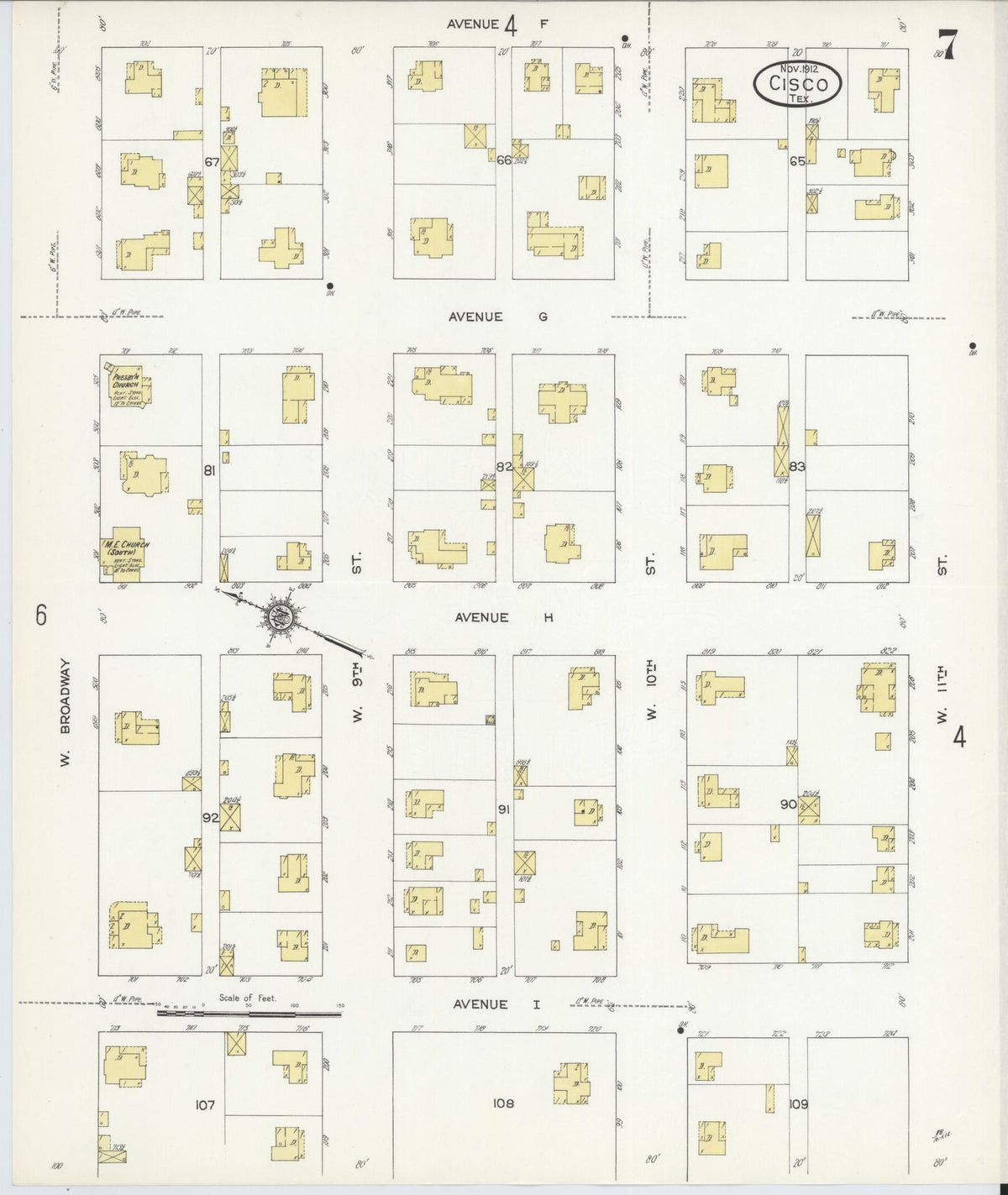 Sanborn Fire Insurance Map from Cisco, Eastland County, Texas (1912), Sheet #0007 - Complete Map Set gallery image, historic Sanborn map, vintage wall art, Texas Texas