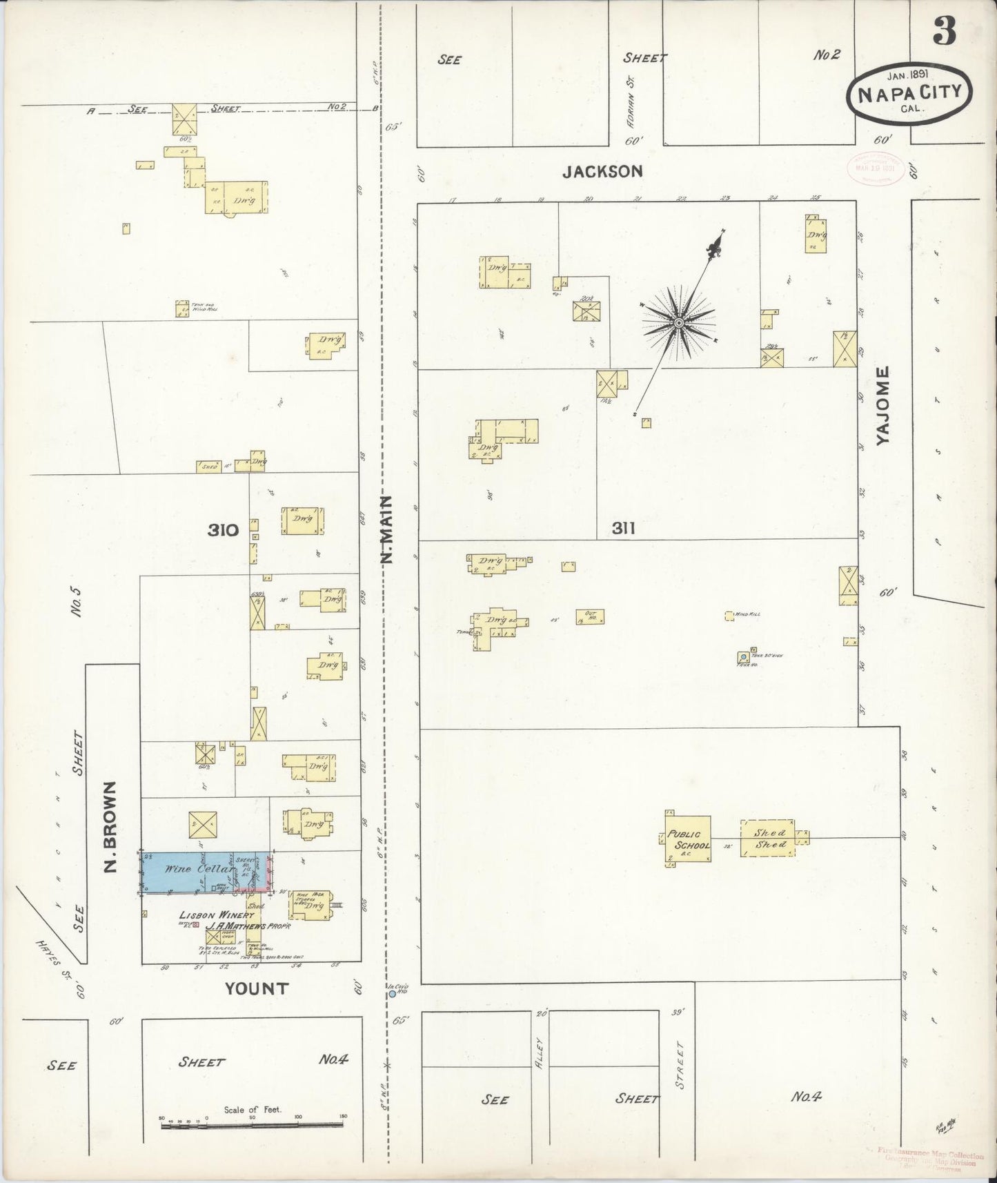 Sanborn Fire Insurance Map from Napa, Napa County, California (1891), Sheet #0003 - Historic Sanborn Fire Insurance Map Print, vintage old map wall art, antique decor, genealogy gift, California California map