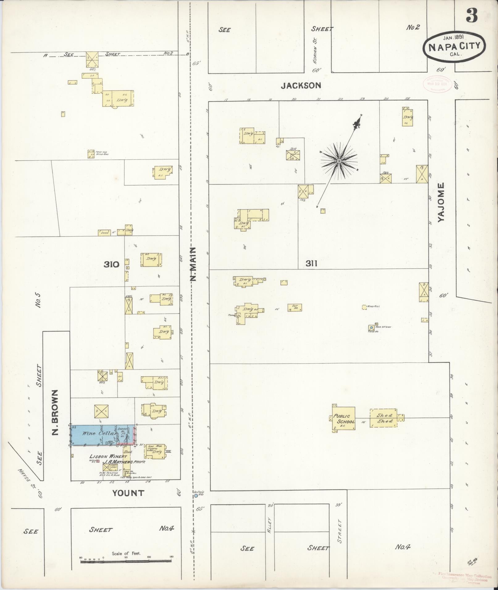 Sanborn Fire Insurance Map from Napa, Napa County, California (1891), Sheet #0003 - Historic Sanborn Fire Insurance Map Print, vintage old map wall art, antique decor, genealogy gift, California California map