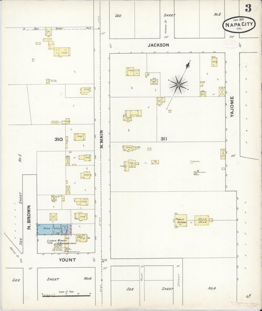 Sanborn Fire Insurance Map from Napa, Napa County, California (1891), Sheet #0003 - Historic Sanborn Fire Insurance Map Print, vintage old map wall art, antique decor, genealogy gift, California California map