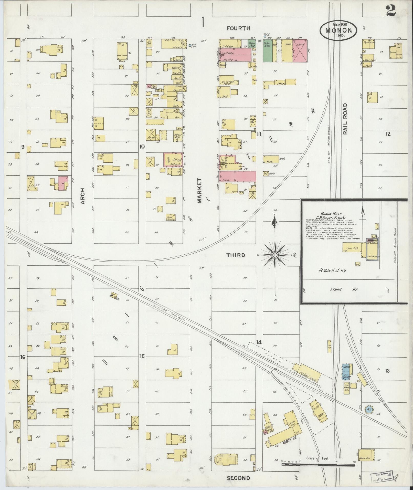 Sanborn Fire Insurance Map from Monon, White County, Indiana (1899), Sheet #0002 - Complete Map Set gallery image, historic Sanborn map, vintage wall art, Indiana Indiana