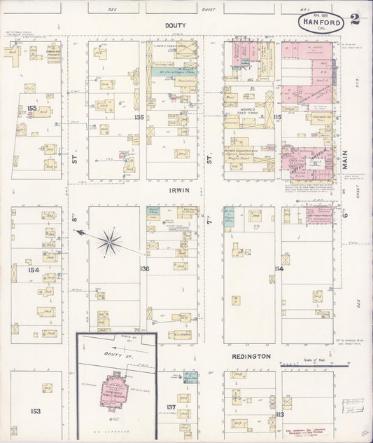 Sanborn Fire Insurance Map from Hanford, Kings County, California (1891), Sheet #0002 - Historic Sanborn Fire Insurance Map Print, vintage old map wall art, antique decor, genealogy gift, California California map