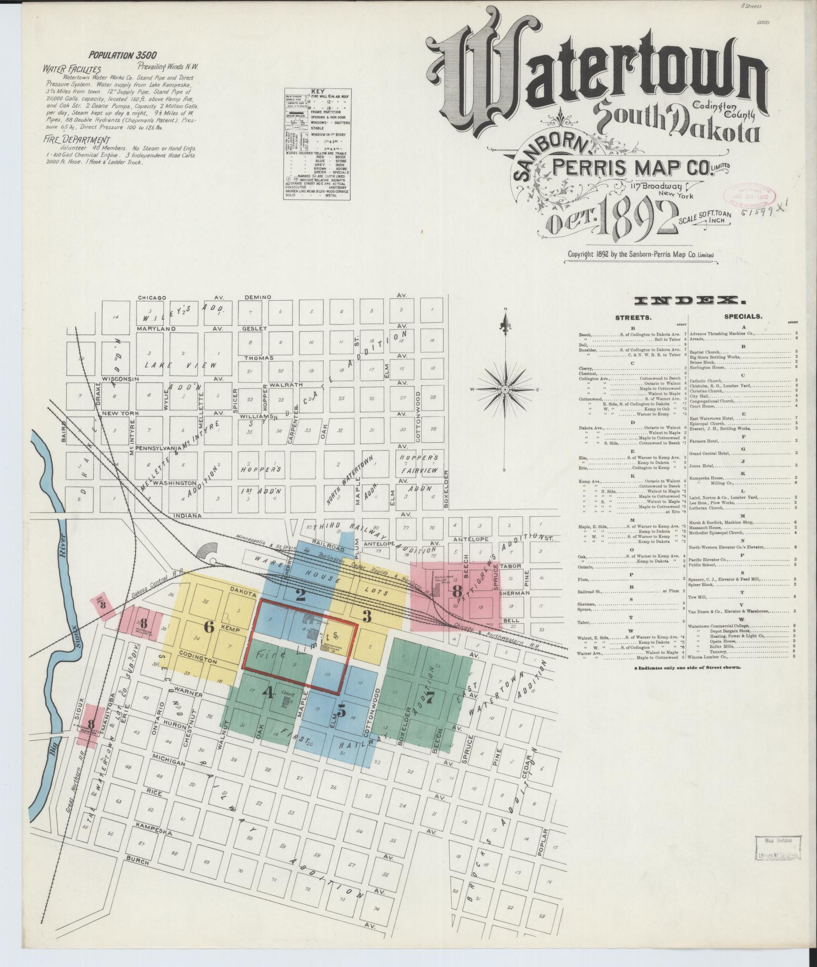 Sanborn Fire Insurance Map from Watertown, Codington County, South Dakota (1892), Sheet #0001 - Complete Map Set gallery image, historic Sanborn map, vintage wall art, South Dakota South Dakota