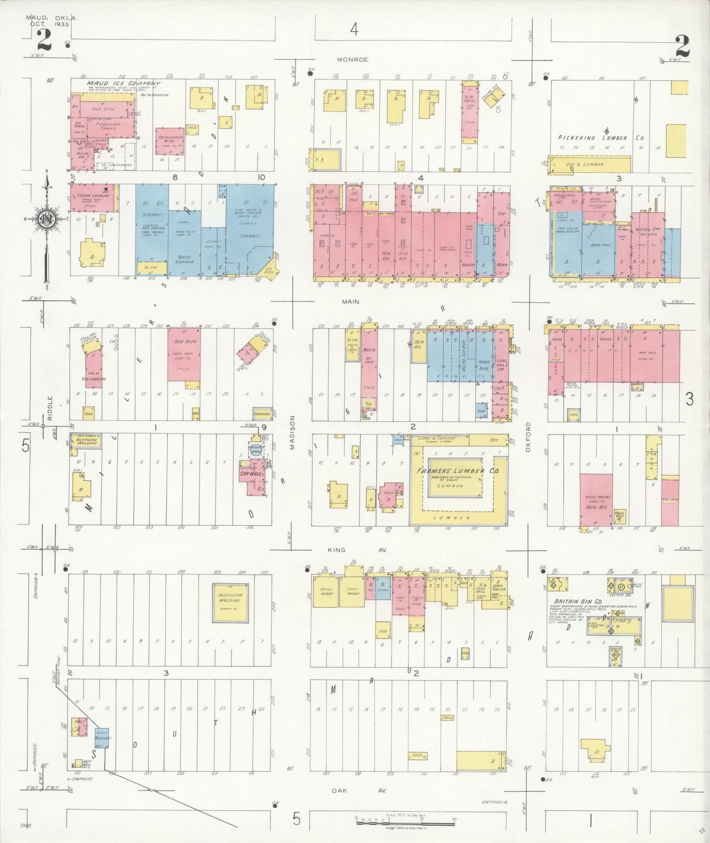 Sanborn Fire Insurance Map from Maud, Pottawatomie County, Oklahoma (1933), Sheet #0002 - Complete Map Set gallery image, historic Sanborn map, vintage wall art, Oklahoma Oklahoma