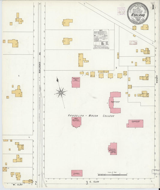 Sanborn Fire Insurance Map from Ashland, Hanover County, Virginia (1908), Sheet #0001 - Historic Sanborn Fire Insurance Map Print, vintage old map wall art, antique decor, genealogy gift, Virginia Virginia map