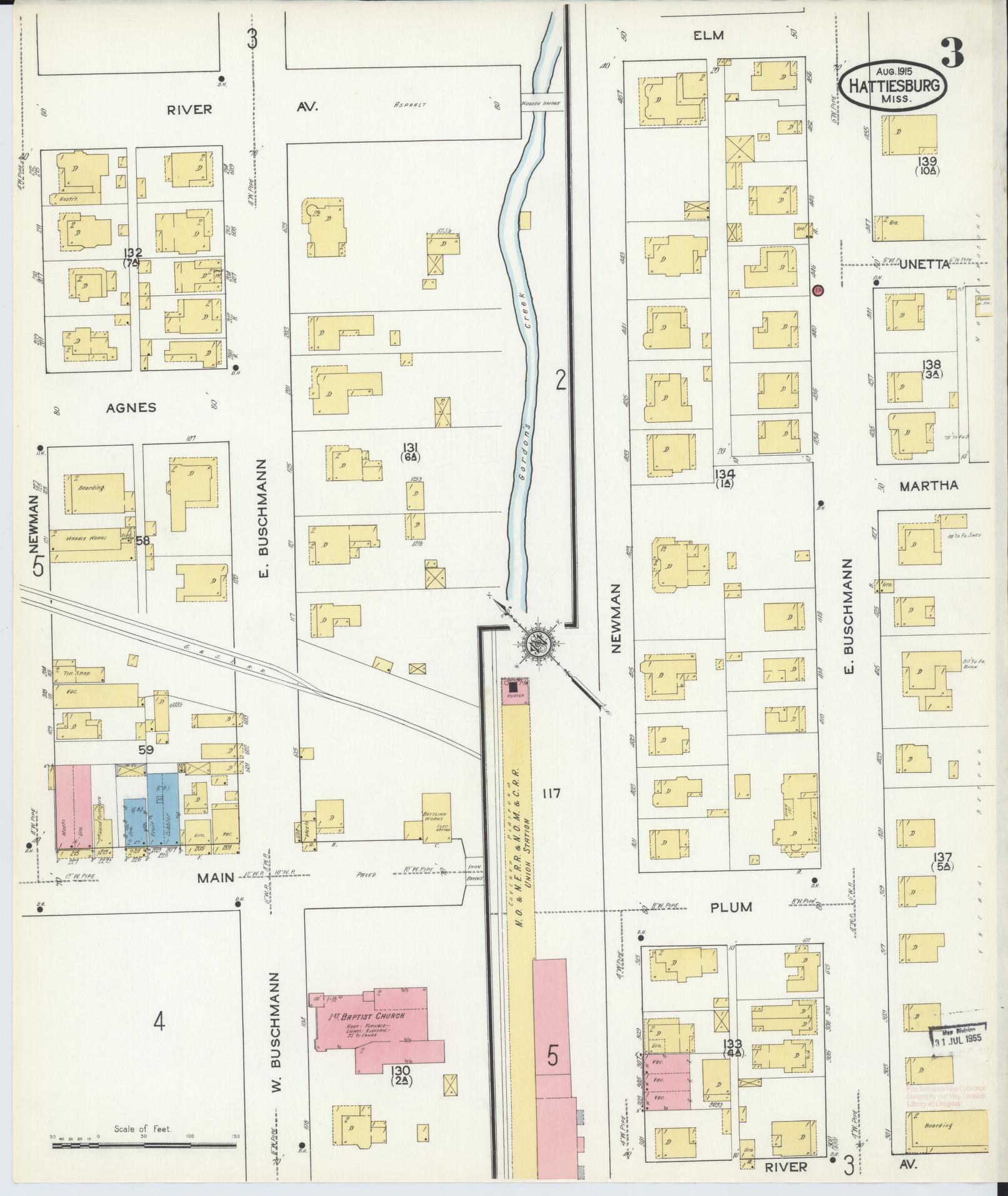 Sanborn Fire Insurance Map from Hattiesburg, Forrest County, Mississippi (1915), Sheet #0003 - Complete Map Set gallery image, historic Sanborn map, vintage wall art, Mississippi Mississippi