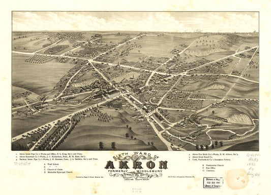 Sixth ward of Akron, formerly Middlebury, Summit Co., Ohio 1882. (1882) – Historic Bird’s-Eye View Panorama Print