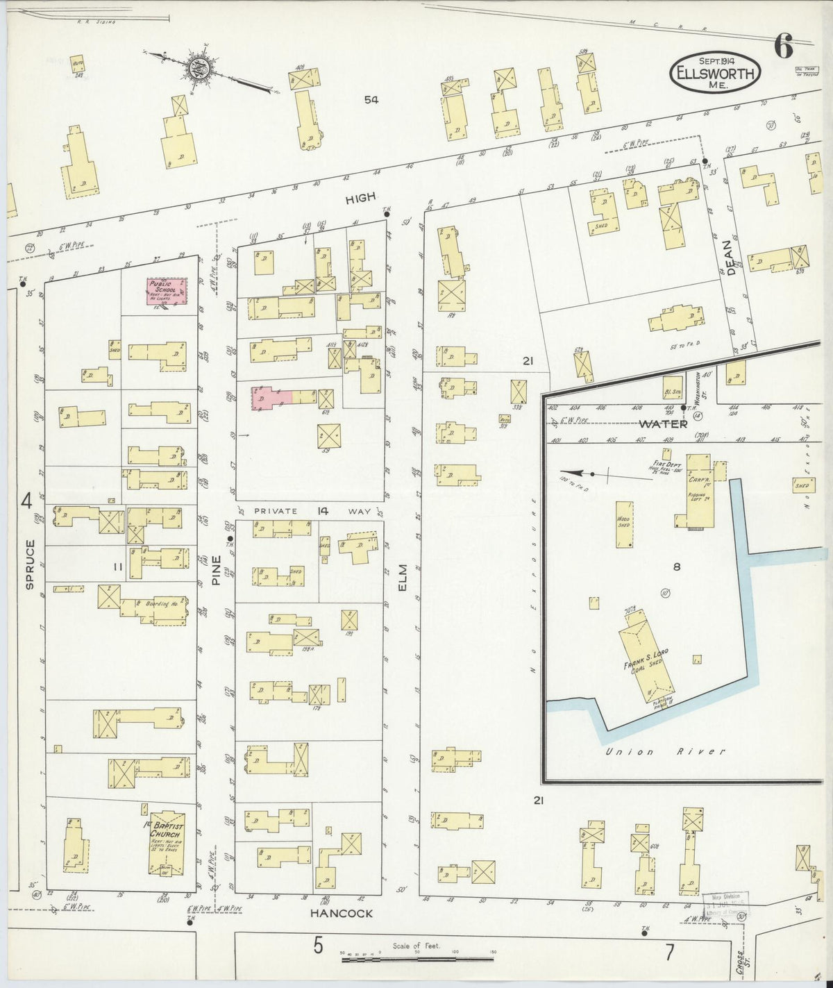 Sanborn Fire Insurance Map from Ellsworth, Hancock County, Maine (1914), Sheet #0006 - Complete Map Set gallery image, historic Sanborn map, vintage wall art, Maine Maine