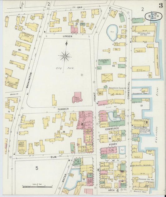 Sanborn Fire Insurance Map from Bath, Sagadahoc County, Maine (1896), Sheet #0003 - Historic Sanborn Fire Insurance Map Print, vintage old map wall art, antique decor, genealogy gift, Maine Maine map