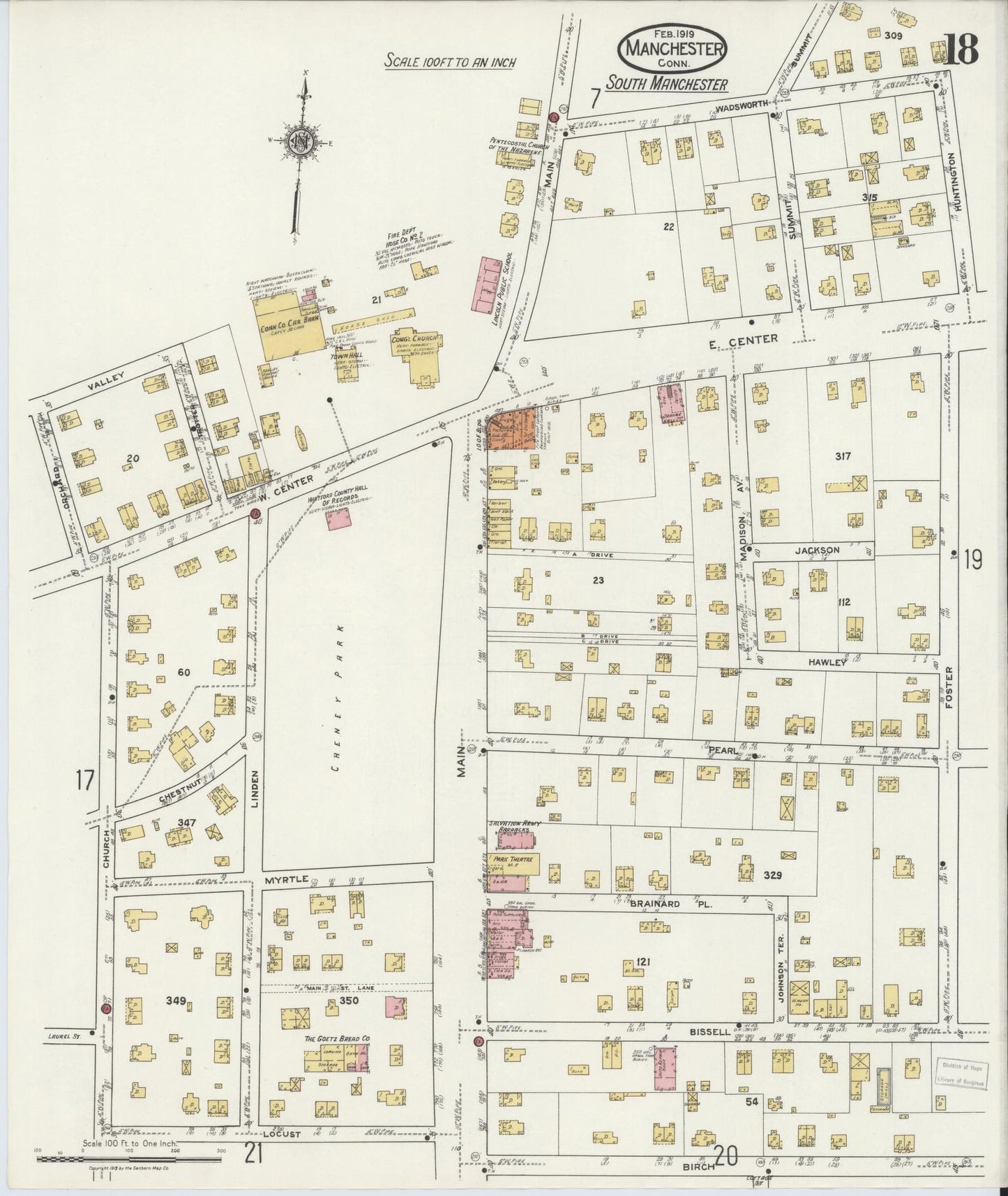 Sanborn Fire Insurance Map from Manchester, Hartford County, Connecticut (1919), Sheet #0018 - Complete Map Set gallery image, historic Sanborn map, vintage wall art, Connecticut Connecticut