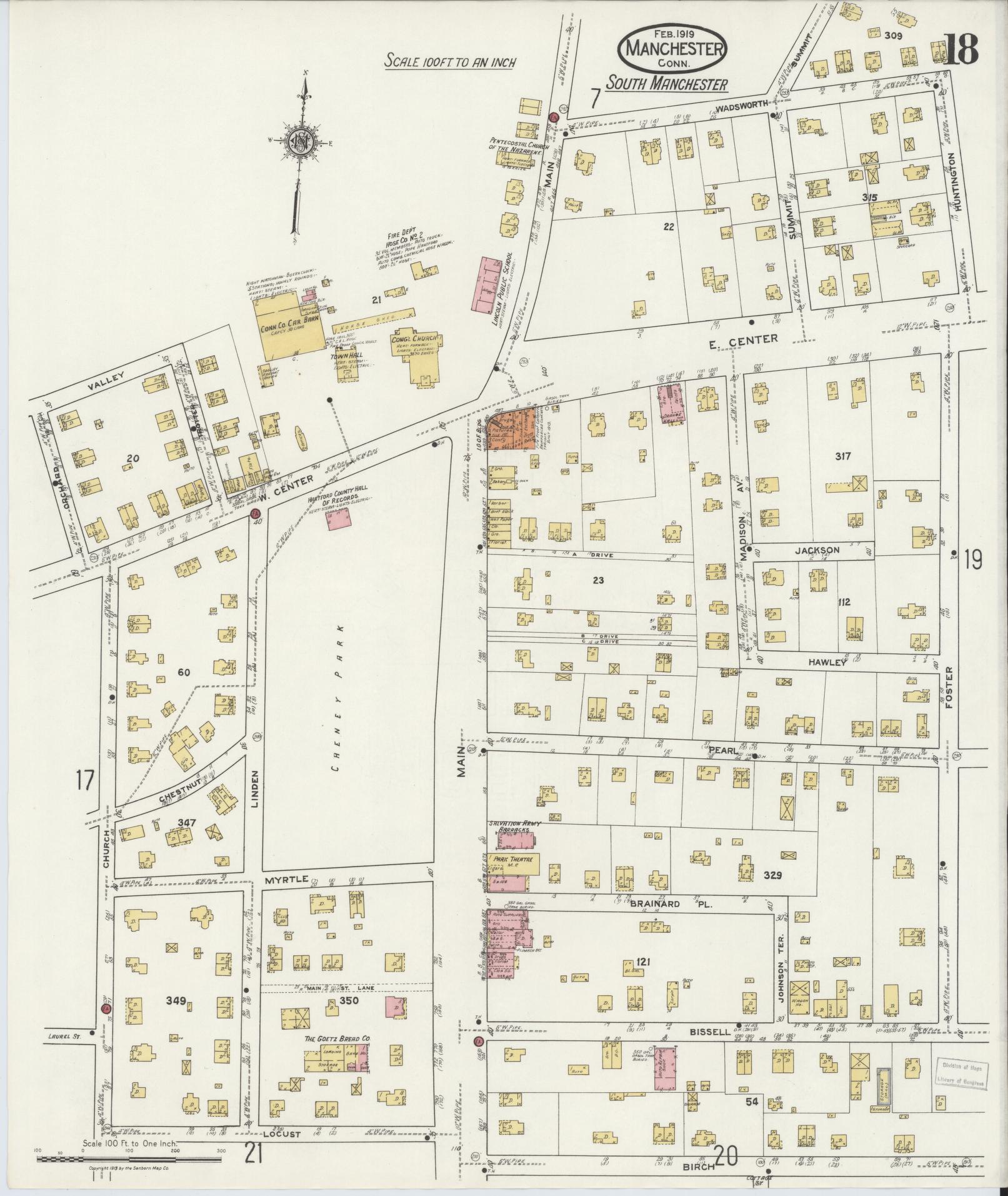 Sanborn Fire Insurance Map from Manchester, Hartford County, Connecticut (1919), Sheet #0018 - Complete Map Set gallery image, historic Sanborn map, vintage wall art, Connecticut Connecticut