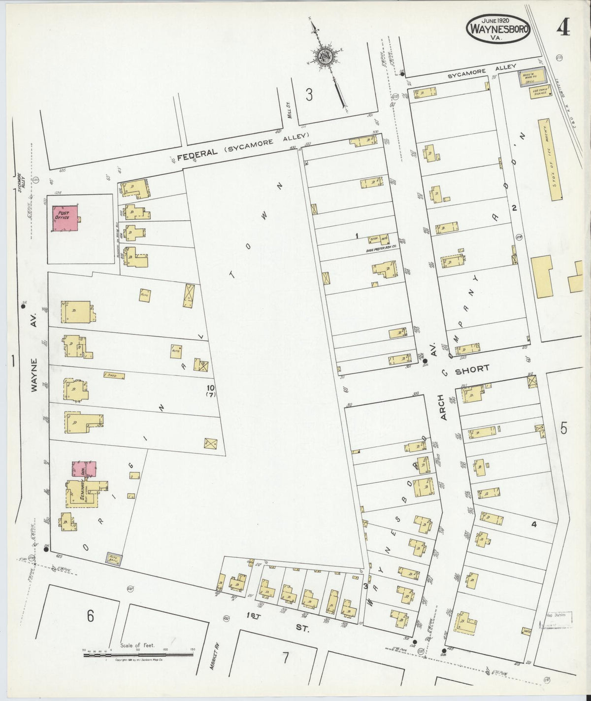 Sanborn Fire Insurance Map from Waynesboro, Independent Cities, Virginia (1920), Sheet #0004 - Historic Sanborn Fire Insurance Map Print, vintage old map wall art, antique decor, genealogy gift, Virginia Virginia map