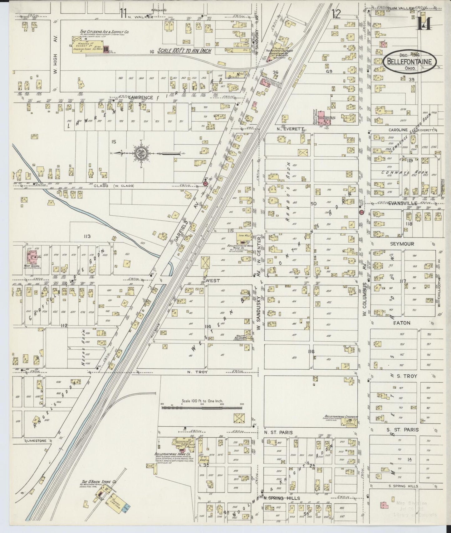 Sanborn Fire Insurance Map from Bellefontaine, Logan County, Ohio (1914), Sheet #0014 - Historic Sanborn Fire Insurance Map Print, vintage old map wall art, antique decor, genealogy gift, Ohio Ohio map