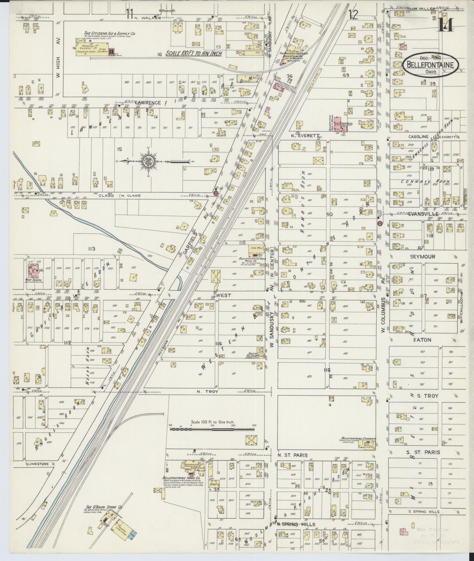 Sanborn Fire Insurance Map from Bellefontaine, Logan County, Ohio (1914), Sheet #0014 - Historic Sanborn Fire Insurance Map Print, vintage old map wall art, antique decor, genealogy gift, Ohio Ohio map