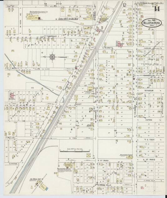 Sanborn Fire Insurance Map from Bellefontaine, Logan County, Ohio (1914), Sheet #0014 - Historic Sanborn Fire Insurance Map Print, vintage old map wall art, antique decor, genealogy gift, Ohio Ohio map