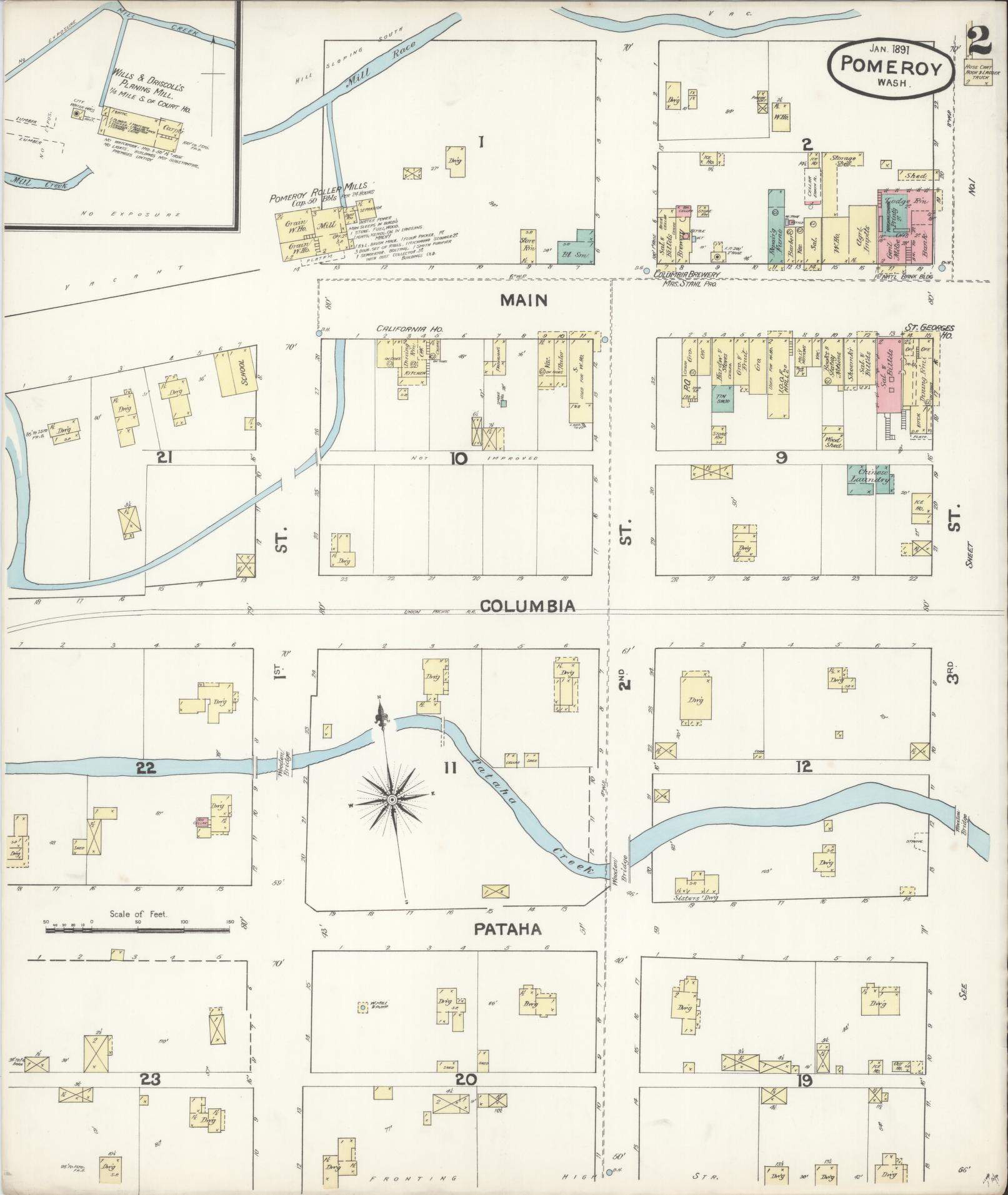 Sanborn Fire Insurance Map from Pomeroy, Garfield County, Washington (1891), Sheet #0002 - Complete Map Set gallery image, historic Sanborn map, vintage wall art, Washington Washington