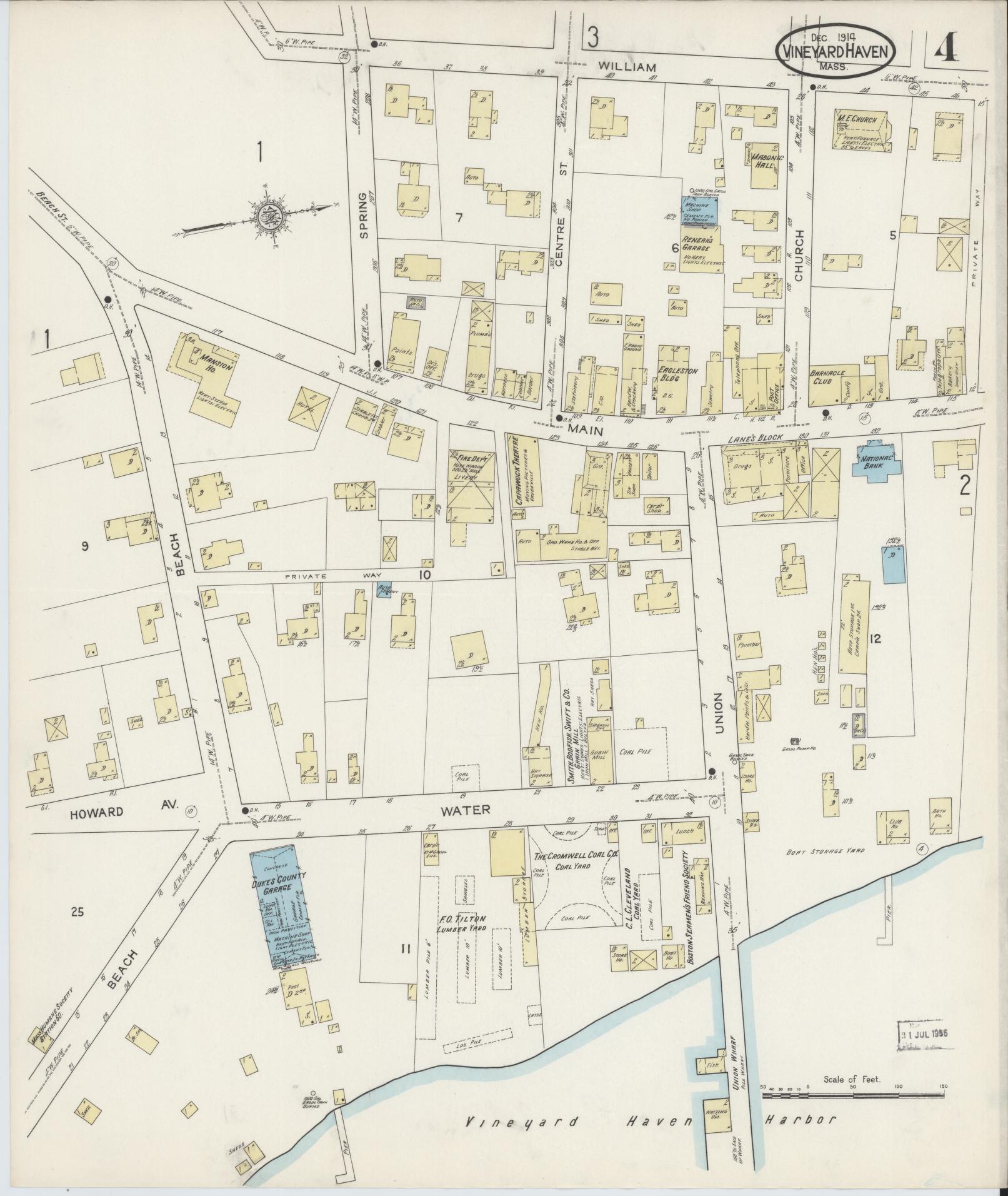 Sanborn Fire Insurance Map from Vineyard Haven, Dukes County, Massachusetts (1914), Sheet #0004 - Historic Sanborn Fire Insurance Map Print, vintage old map wall art, antique decor, genealogy gift, Massachusetts Massachusetts map