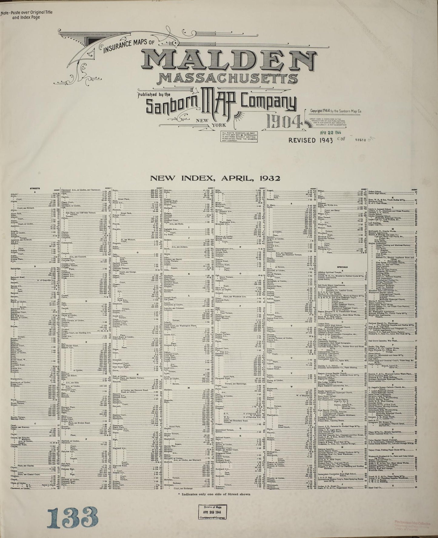 Sanborn Fire Insurance Map from Malden, Middlesex County, Massachusetts (1943), Sheet #0001 - Historic Sanborn Fire Insurance Map Print, vintage old map wall art, antique decor, genealogy gift, Massachusetts Massachusetts map