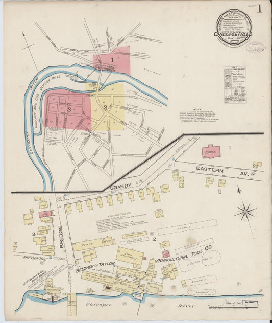Sanborn Fire Insurance Map from Chicopee Falls, Hampden County, Massachusetts (1885), Sheet #0001 - Complete Map Set gallery image, historic Sanborn map, vintage wall art, Massachusetts Massachusetts