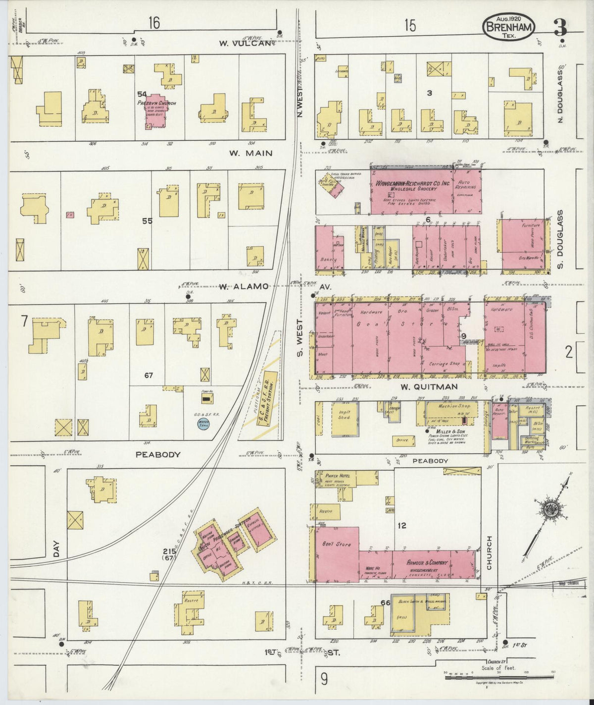 Sanborn Fire Insurance Map from Brenham, Washington County, Texas (1920), Sheet #0003 - Complete Map Set gallery image, historic Sanborn map, vintage wall art, Texas Texas